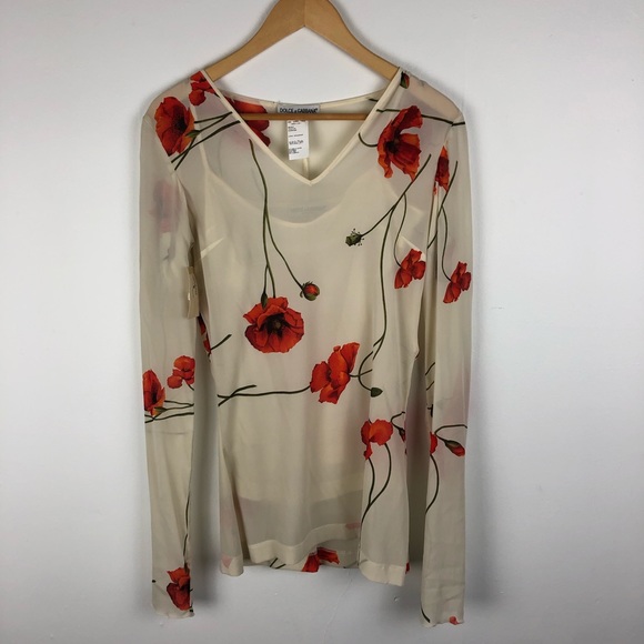 Dolce & Gabbana Tops - Dolce & Gabbana Poppy Print Silk Blouse NWT 6